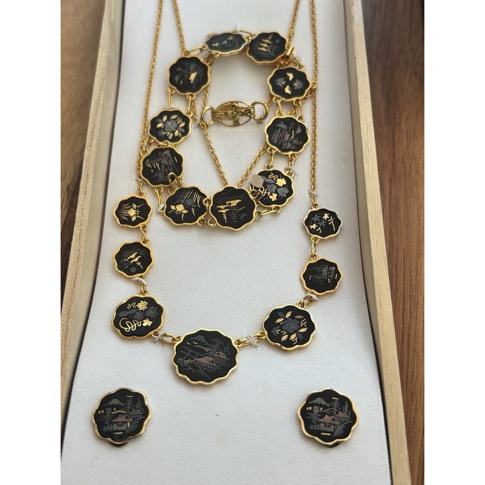 Vintage Japanese Damascene Necklace, Bracelet And Earrings Set Still In Box